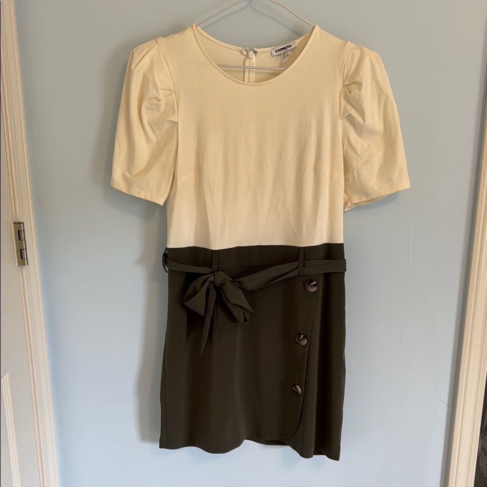 Express Cream Buttoned Ruffled Sheath Dress